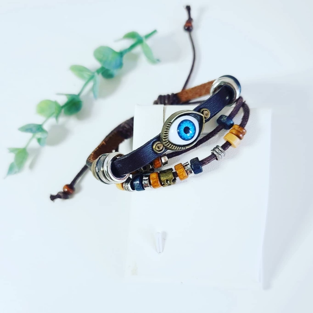 Vegan Leather multi stand bracelet with Eye symbol
